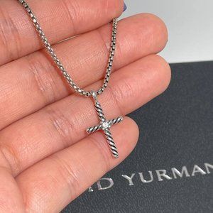 Authentic David Yurman Necklace Small Silver Cable Cross Pendant with Diamond